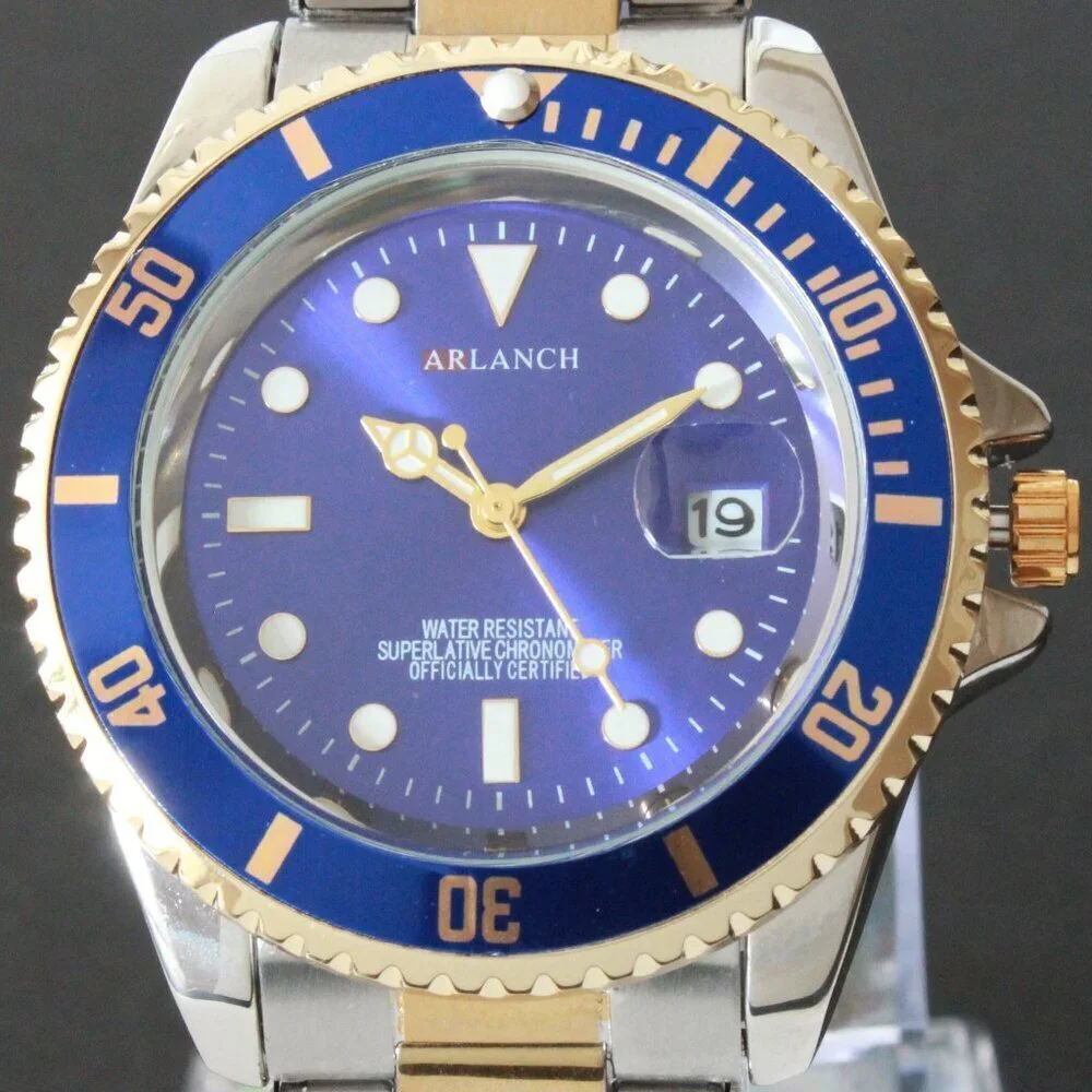 Men's Diver Style Watch Blue Bezel Silver Gold Tone 40mm